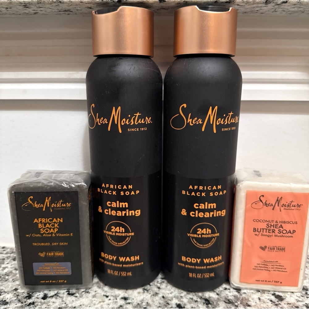 New (4) Shea Moisture African Black Soap Body Wash and Soap Set